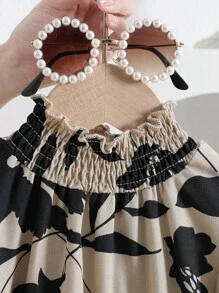 SHEIN Elladie kids Young Girls French Retro Floral Print Puff Sleeve Cinched Waist Loose A-Line Midi Dress, Casual, Spring/Autumn - Multicolor - View 7