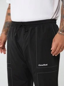 Manfinity VCAY Men's Plus Size Casual Woven Loose Drawstring Waist Straight Leg Pants With Contrast Stitching - Black - View 2