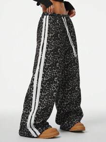 Coolane Women's Y2K Side Striped Leopard Print Drawstring Loose Wide Leg Casual Pants - Olive Green - View 5