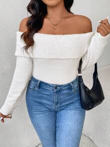 SHEIN Frenchy Jersey holgado de un solo color con mangas largas y hombros descubiertos para mujer de talla grande - Blanco - Ver 5