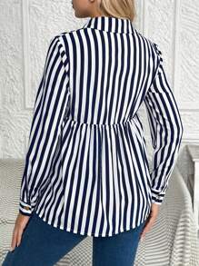 SHEIN 孕妇纽扣长袖条纹时尚休闲宽松舒适潮流衬衫 - 藏蓝色 - 查看 2