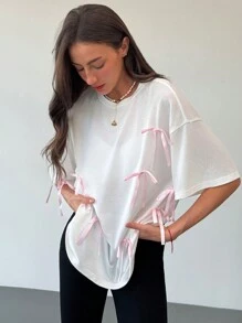 Aloruh Romantic Y2K Style Loose Fit Bow Neck Short Sleeve White T-Shirt For Women