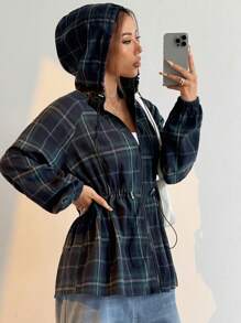 Muchica 女式长袖收腰格子夹克 - 綠色 - 查看 3