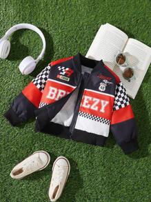 SHEIN Baby Girls' Thick Warm Racing Pattern Letter Zip Up Jacket For Outdoor, Fall/Winter