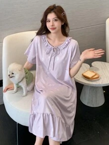 DAZY Short Sleeve Ruffle Trim Nightgown With All-Over Print Pajama, Moo Moo - Purple - View 4