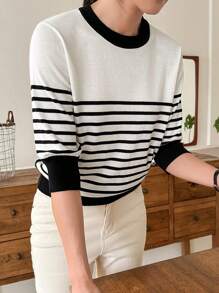 DAZY 女士圆领拼色条纹 3/4 袖毛衣 - 黑與白 - 查看 6