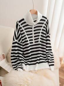 SHEIN Frenchy Plus Size Black And White Striped Pullover Sweater,Winter Clothes - Black and White - View 1