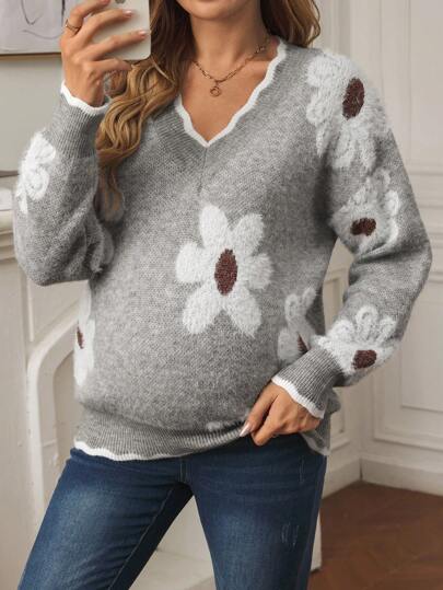 SHEIN 孕妇撞色边花卉图案长袖毛衣，休闲，适合孕妇，适合冬季