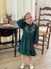 LMoss Kids LMoss Young Girl Green Puff Sleeve Embroidery Print Chiffon Dress