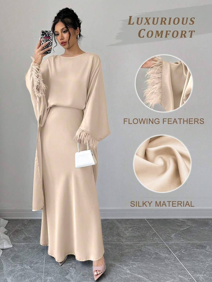 SHEIN Clasi 女士春夏纯色圆领蝙蝠袖羽毛拼接上衣和半裙套装 - 杏色 - 查看 1