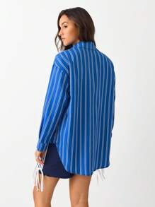 SHEIN Unity 1pc Women's Simple Blue Striped Pocket Open Front Shirt, Suitable For Office & Commuting, Autumn/Winter - Blue - View 3