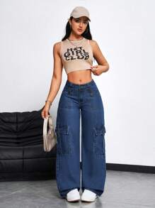 SHEIN EZwear Jeans rectos casuales sueltos de unicolor con bolsillos para mujer