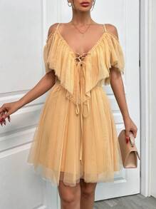 RueChic Mesh Fabric Detail Short Beige Tulle Dress