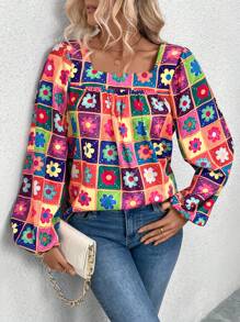 SHEIN LUNE 女式春夏花卉印花方领灯笼袖宽松衬衫 - 彩色 - 查看 4