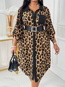 SHEIN Lady Spring And Summer Autumn And Winter Elegant Leopard Print Woven Shirt Collar Shirt Sleeve Pocket Shirt Dress Midi Long Sleeve Plus Size Dresses Fall - Brown - View 1