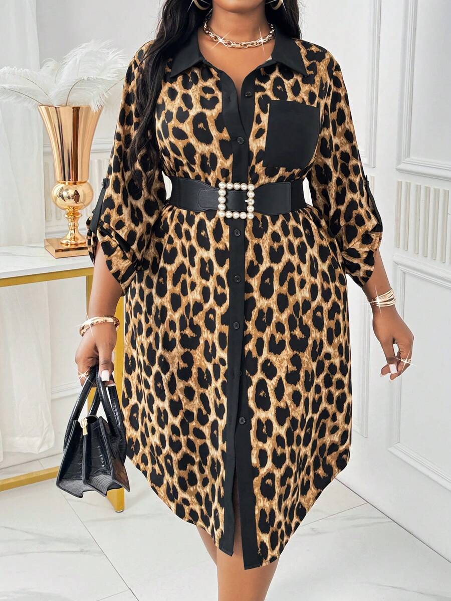 SHEIN Lady Spring And Summer Autumn And Winter Elegant Leopard Print Woven Shirt Collar Shirt Sleeve Pocket Shirt Dress Midi Long Sleeve Plus Size Dresses Fall - Brown - View 1