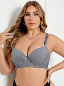 1pc Minimalist Lace Patchwork Padded Underwire Brassiere, Plus Size Women Lingerie - Grey - View 8
