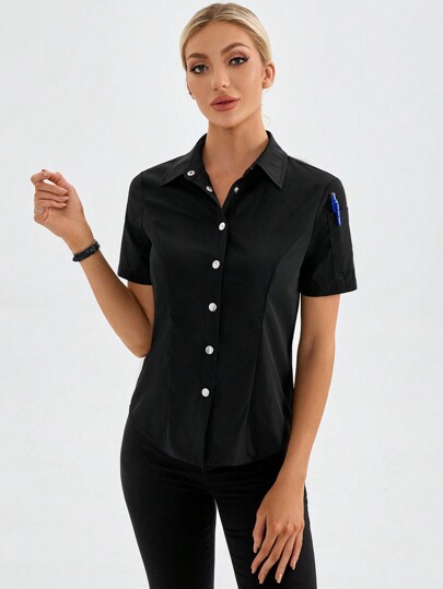 TaskEZ Button-Up Short Sleeve Fashionable Fitted Professional Work Uniform Scrub Top