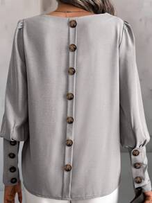 EMERY ROSE Plain Round Neck Long Sleeve Button Classic Casual Shirt Fall Cloth For Women - Grey - View 5