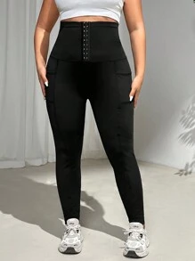 SHEIN EZwear Quần legging co giãn cạp cao cỡ lớn cho nữ, Quần mặc hàng ngày/ngoài trời/tập yoga, Màu đen, Nhiệt độ mặc được 50-70°&70-90°F, Co giãn, Cài nút, Quần legging định hình cơ thể, Bộ đồ hai mảnh cho nữ, Quần legging có túi - màu đen - Xem 6
