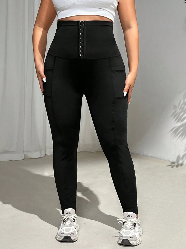 SHEIN EZwear 女式加大码高腰弹力紧身裤，休闲日常/户外/瑜伽裤，黑色，可穿温度 50-70° 和 70-90°F，弹力，纽扣开合，塑身紧身裤，女式两件套，带口袋的紧身裤 - 黑色 - 查看 6