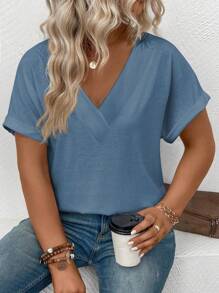 INAWLY Áo thun trơn cổ chữ V tay loe cỡ lớn màu trơn thường ngày cho mùa hè - Màu xanh bụi bặm - Xem 5