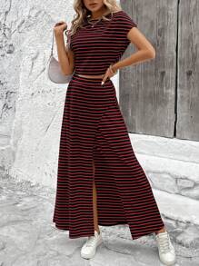 SHEIN LUNE 2pcs Women's Striped Round Neck Batwing Short Top And Side Slit Skirt Set - Navy Blue - View 3