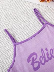 SHEIN 2pcs Tie Dye Letter Print Tank Top And Shorts Sleepwear Set For Girls, Summer - Purple - View 4