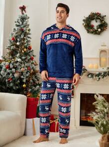 Men's Solid Color Patchwork Hoodie And Pants Casual Loungewear Set - Multicolor - View 6