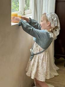 SHEIN LMoss Kids LMoss Young Girl Young Girl Young Girl 2pcs Set: Solid Color Knitted Cardigan With Puff Sleeves & Woven Ditsy Floral Dress With Crossbody Bag - Multicolor - View 11