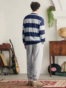 Manfinity VCAY Men's Digital Print Striped Loose Fit Crewneck Sweatshirt Set, For Fall Winter