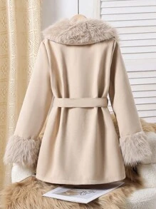 Sparklyn Tween Girl Fluffy Collar & Cuff Pocket Belted Coat