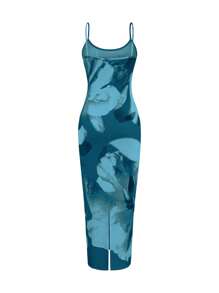 SHEIN VCAY Vestido de tirantes finos elegante de ajuste ceñido con estampado de tie-dye largo para mujer en verano