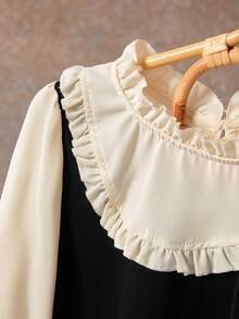 少女荷叶边纯色拼接休闲度假长袖连衣裙 - 黑色 - 查看 3