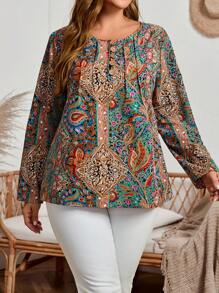 EMERY ROSE Blusa elegante de manga larga con cuello redondo, abotonada y con estampado completo, de moda, elegante para el otoño, talla grande - Multicolor - Ver 4