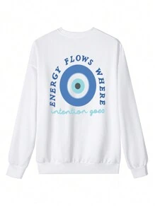 女士秋冬标语图案长袖圆领运动衫，休闲宽松百搭假日风格上衣，时尚秋季女装，适合日常穿着 - 白色 - 查看 3