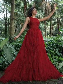 Faeriesty Luxe 蕾丝边细节网眼覆盖舞会礼服 - 紅色 - 查看 1