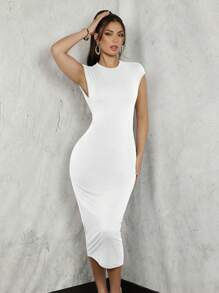 Allurite Vestido blanco elegante y sexy para mujer con espalda descubierta, vestido base de punto de cuello redondo sin mangas, elegante, con cadera ajustada y tejido elástico cómodo para el otoño, ideal para la vuelta al cole, la oficina, fiestas, el otoño, disfraces de Halloween o atuendos para cruceros