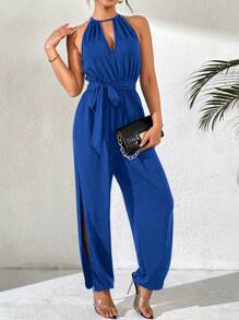 Chiquease 春夏深 V 领、松紧腰、前系带、侧开衩连体裤 - 藍色 - 查看 5