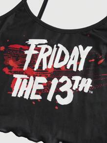 Friday the 13th X ROMWE Women Letter Graphic Lettuce Trim Casual Cami Top & Shorts Pajama Set - Black - View 8