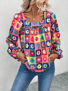 SHEIN LUNE 女式春夏花卉印花方领灯笼袖宽松衬衫 - 彩色 - 查看 3