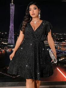 Plus Size V-Neck Ruffle Pleated Simple Short Casual Dress - Black - View 8