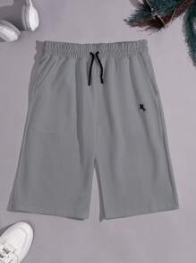 SHEIN Cottnline Cotton 2pcs Men's Simple Embroidered Horse Drawstring Waist Casual Shorts Set - Grey - View 4