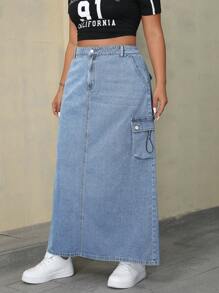 SHEIN EZwear 大码女式纯色简约牛仔半身裙 - 中等水洗藍 - 查看 6