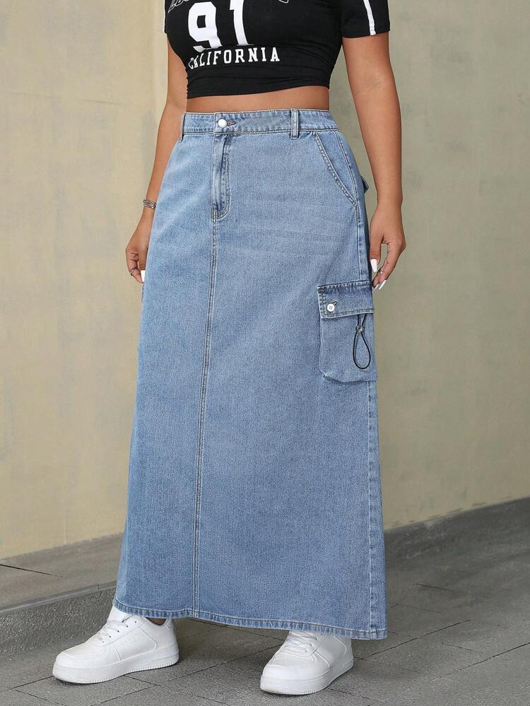SHEIN EZwear Váy denim đơn giản màu trơn cỡ lớn cho nữ - Rửa trung bình - Xem 6