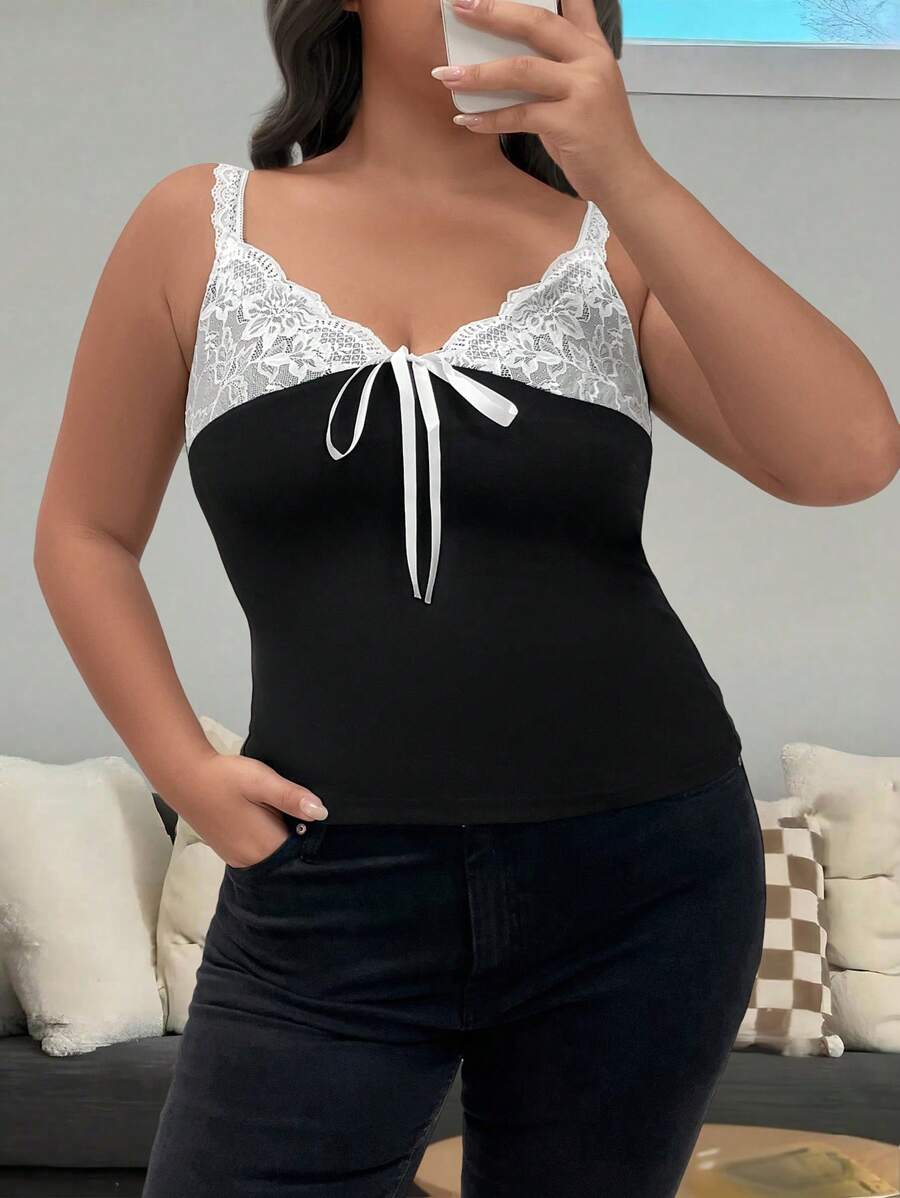 Flirla Top de tirantes de talla grande para mujer con decoración de mariposas y parche de encaje, verano