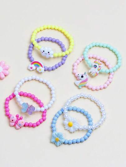8pcs/Set Girls' Flower, Butterfly, Cloud, Unicorn Beaded Charm Bracelets, Colorful Jewelry Set, Suitable For Girls' Party Gifts