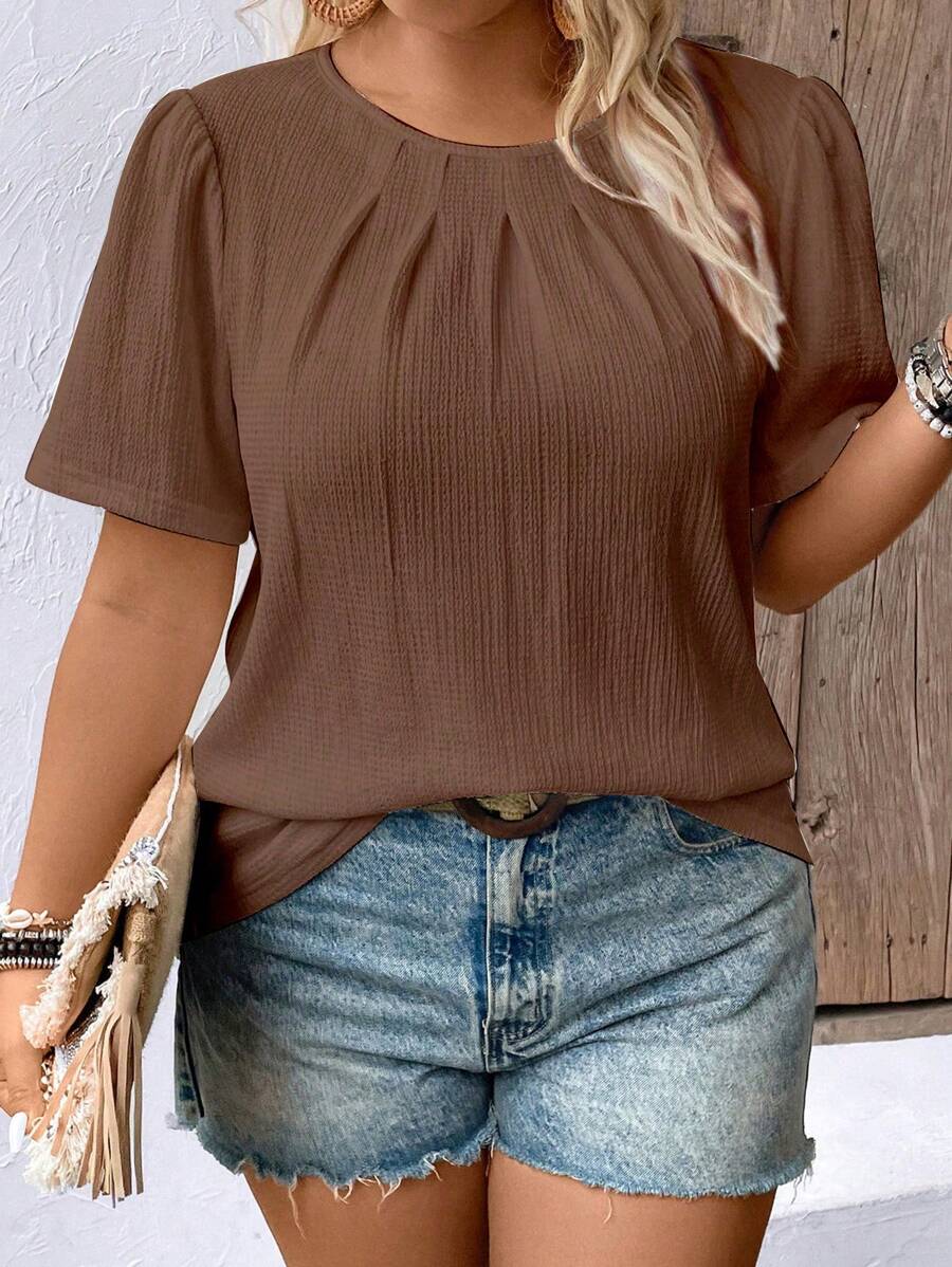 大码女式休闲圆领宽松泡泡袖衬衫 - 咖啡棕 - 查看 1