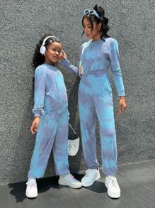 SHEIN 2 piezas/Conjunto Estilo callejero para niña preadolescente Sudadera de cuello redondo de punto con efecto tie-dye y pantalones largos Conjuntos a juego/a conjunto (se venden por separado) - Azul - Ver 8