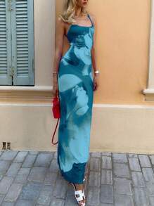 SHEIN VCAY Vestido de tirantes finos elegante de ajuste ceñido con estampado de tie-dye largo para mujer en verano